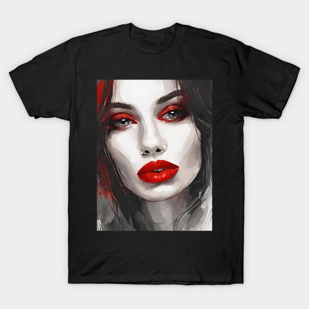 Vampire woman with red lips art ai T-Shirt by Jolyful Drawing